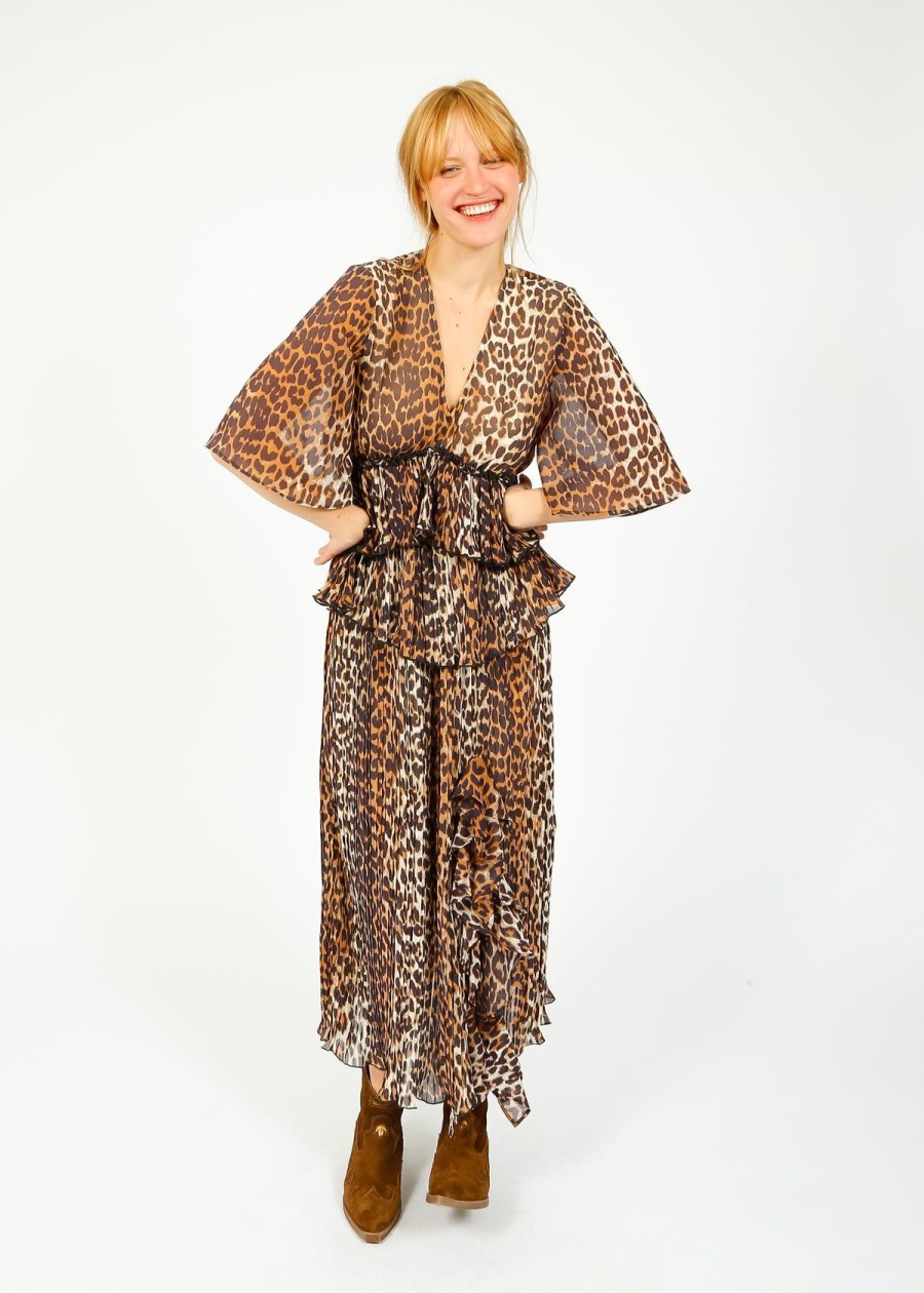 Women GANNI Tops | Ganni F8694 V Neck Flounce Leopard Blouse