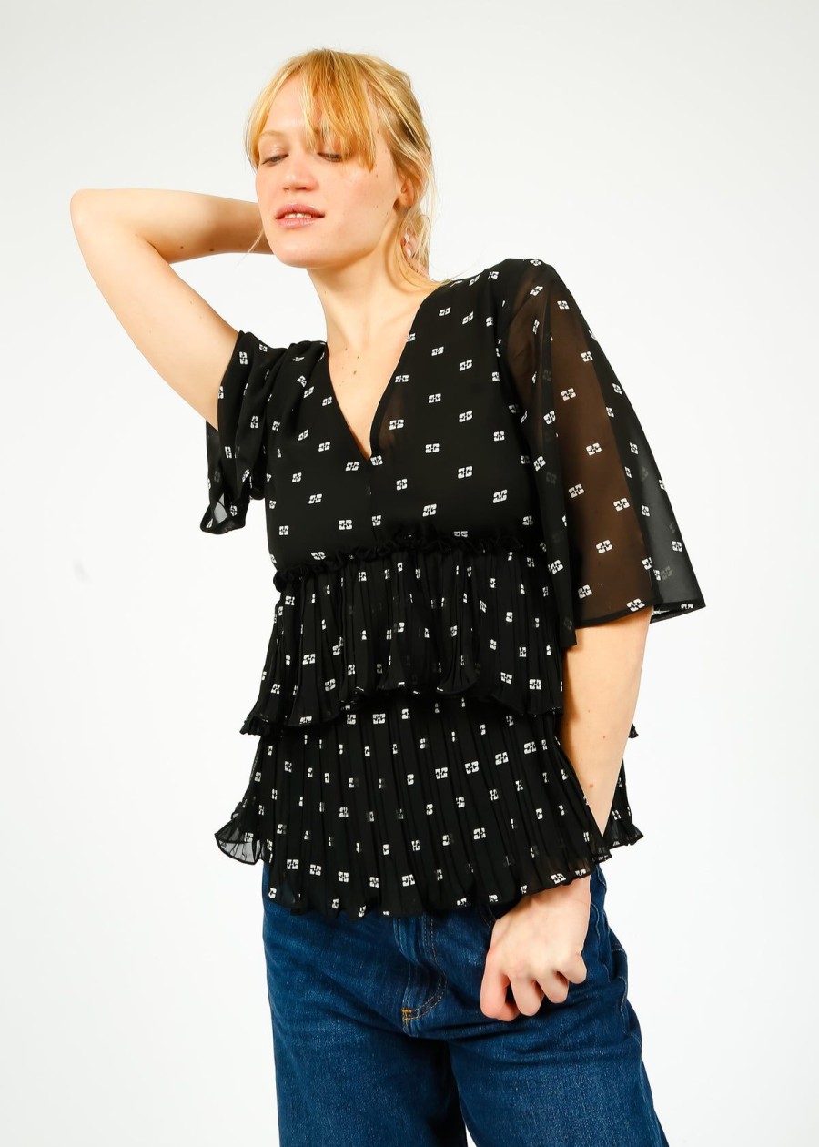 Women GANNI Tops | Ganni F8833 V Neck Flounce Blouse In Black