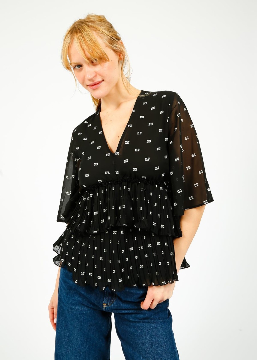 Women GANNI Tops | Ganni F8833 V Neck Flounce Blouse In Black