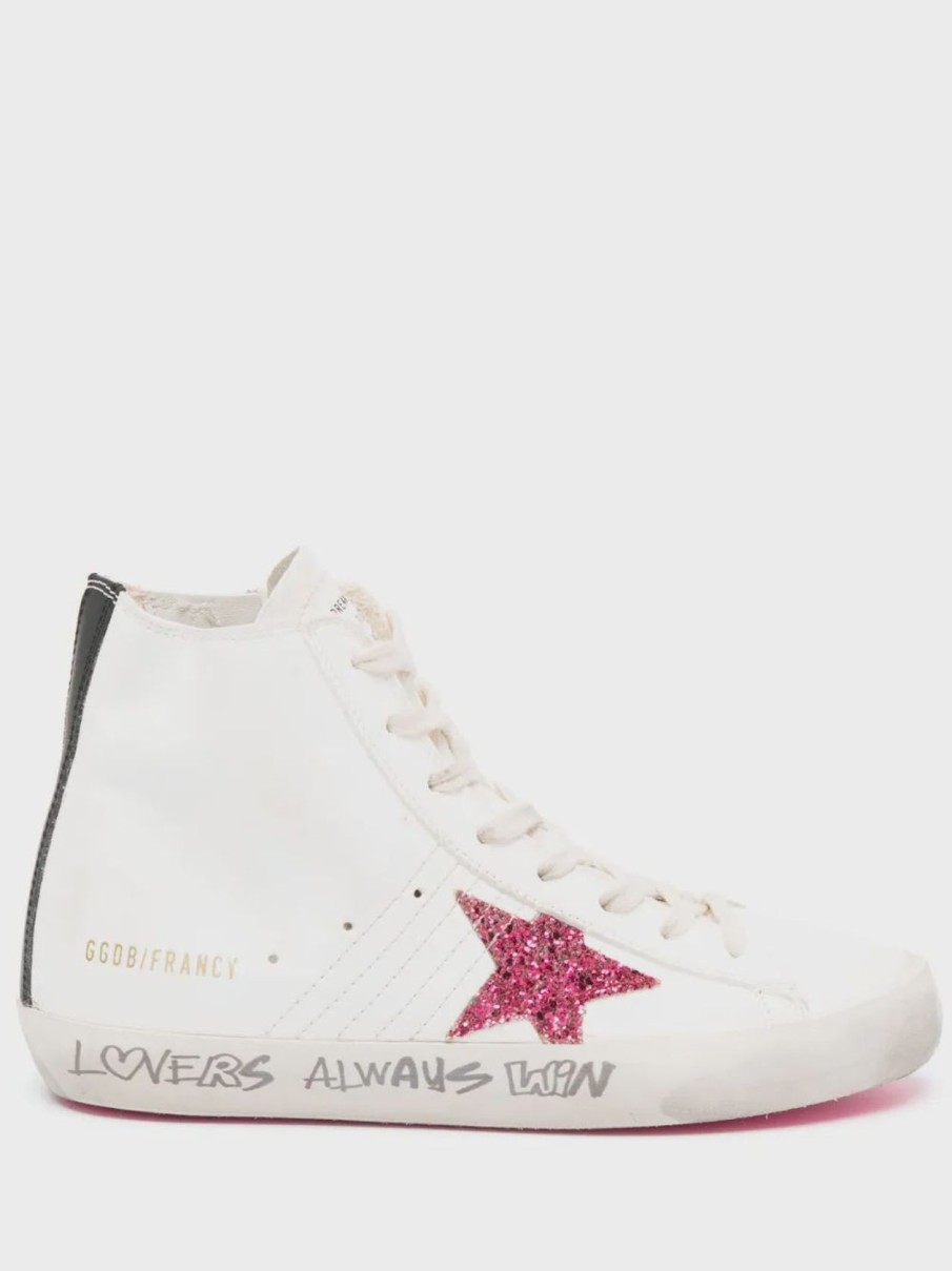 Women Golden Goose Trainers | Gg Francy With Fushsia Glittler Star And Signature Foxing In Cream