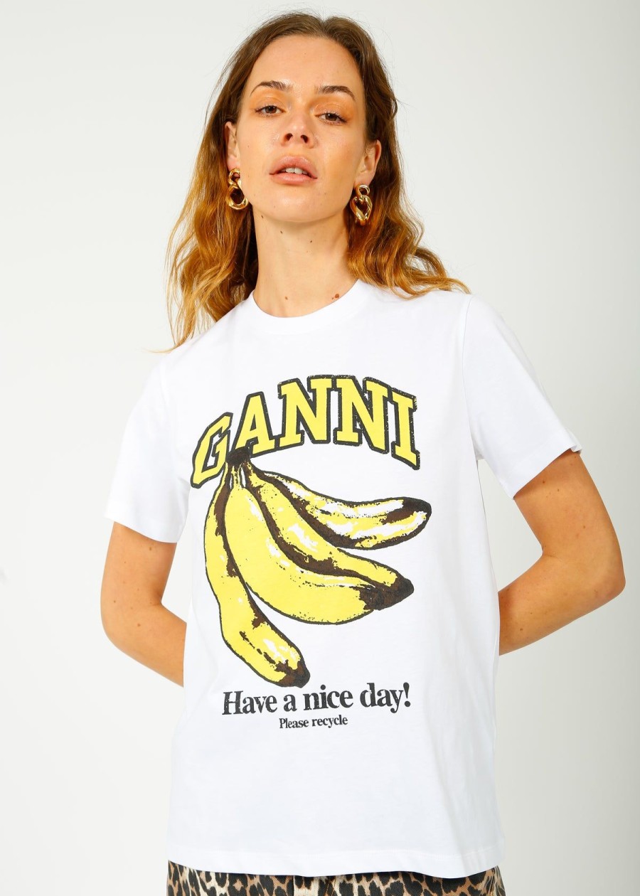 Women GANNI Tops | Ganni T3861 Bananas Relaxed Tee In White