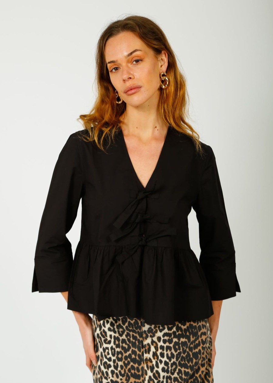 Women GANNI Tops | Ganni F9001 Cotton Poplin Tie String Top In Black