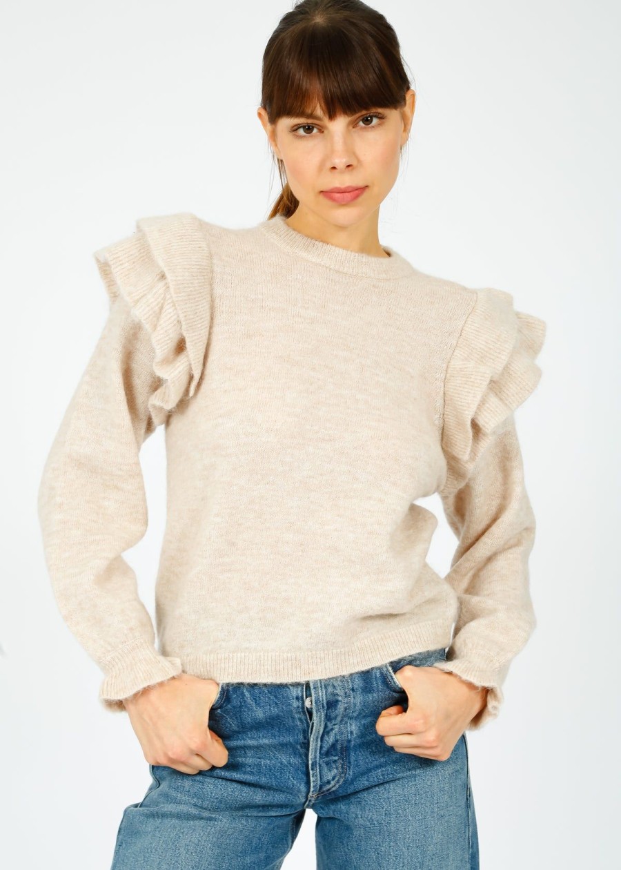 Women Selected Femme Knitwear | Slf Lulu Knit With Shoulder Frill In Birch