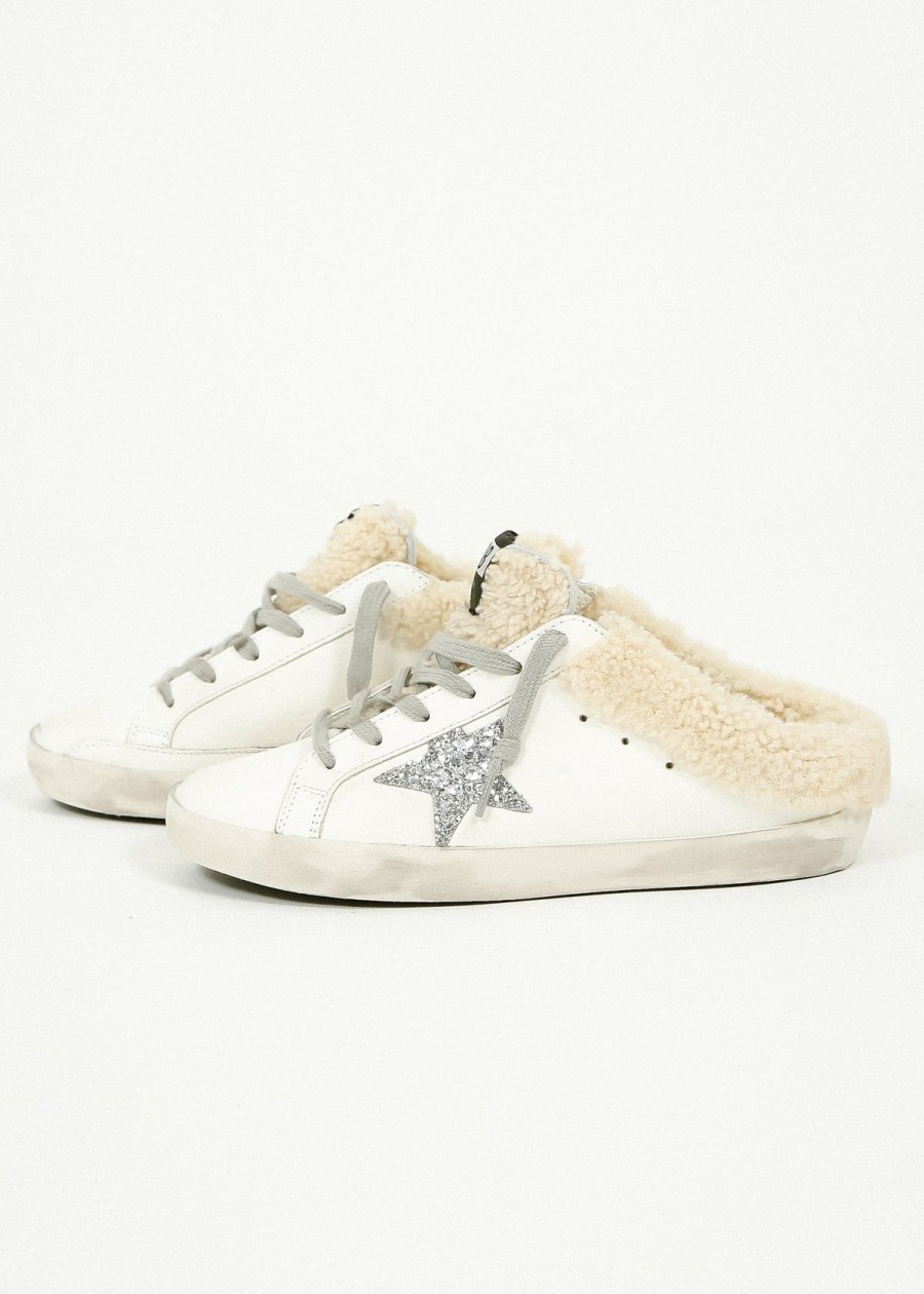 Women Golden Goose Trainers | Gg Super Star Sabot Shearling In White, Silver, Beige