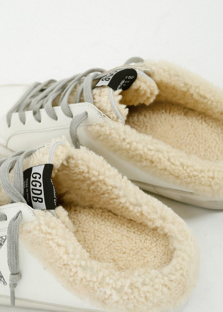 Women Golden Goose Trainers | Gg Super Star Sabot Shearling In White, Silver, Beige